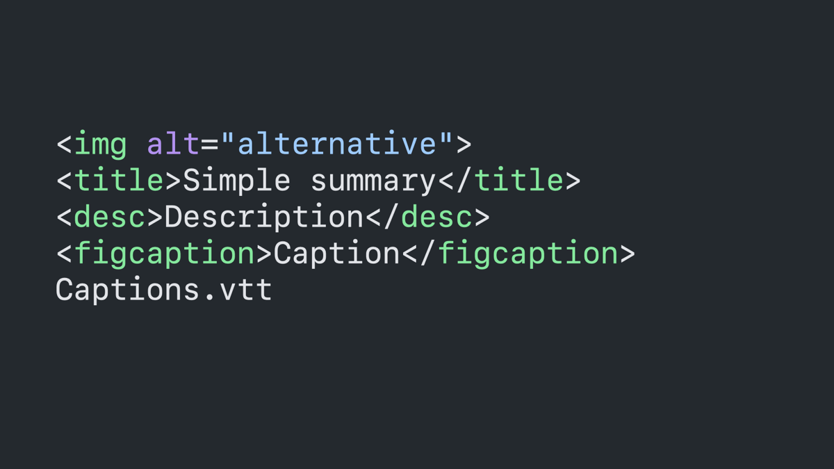 Code block: image tag with an alt attribute, title tag, description tag, figcaption tag, and .vtt file name.