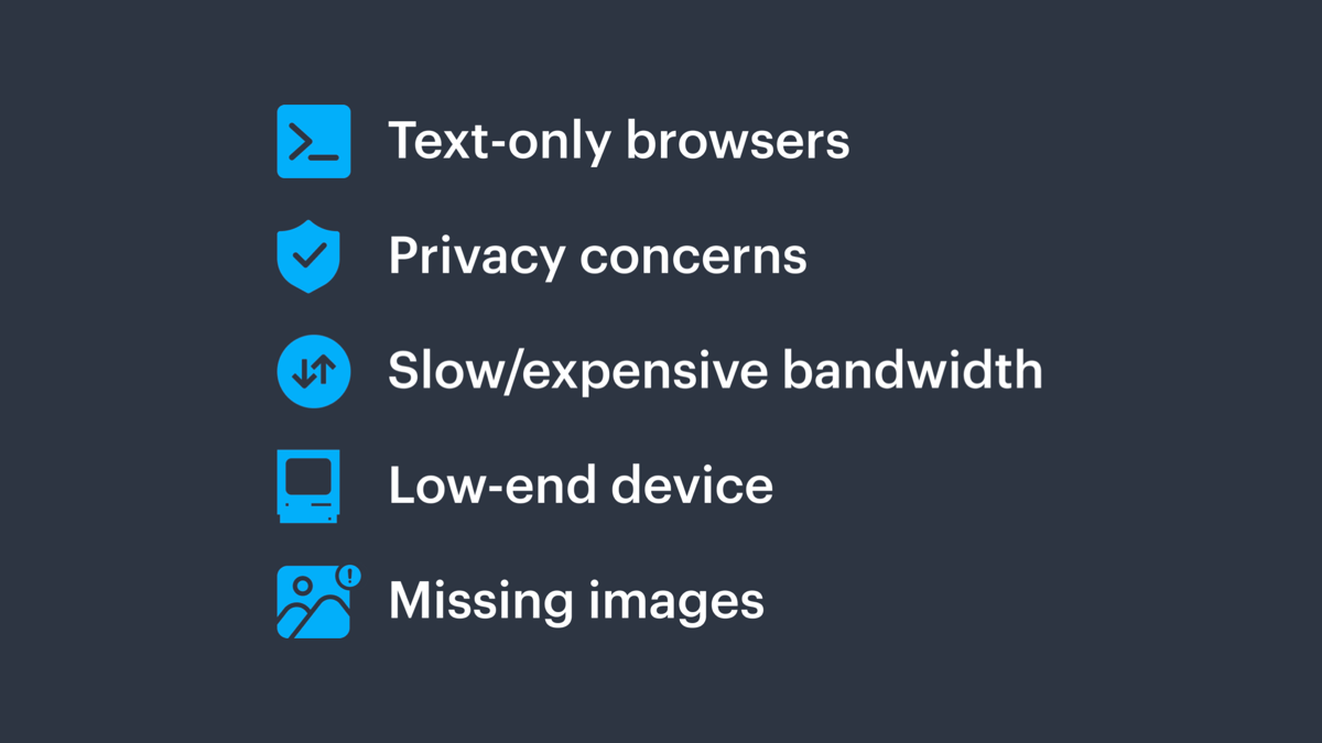 Text only browsers, privacy concerns, slow/expensive bandwidth, low-end devices, missing images.