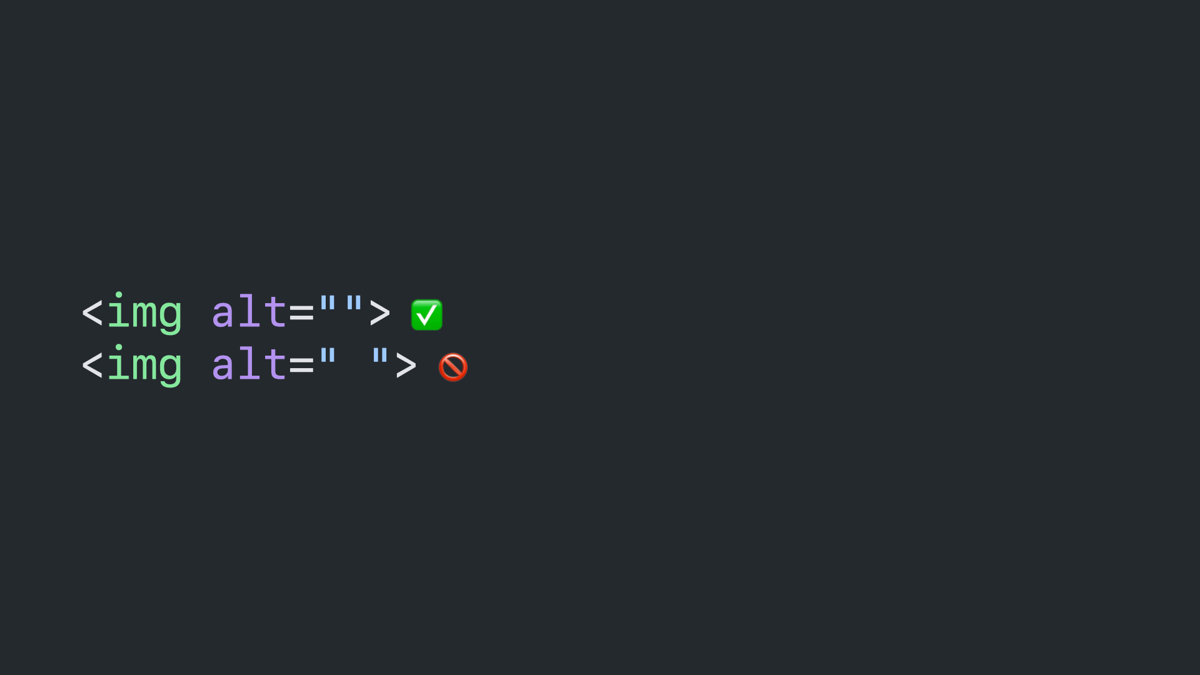 Code block: image tages with alt attributes, one empty and one with a space as the value.
