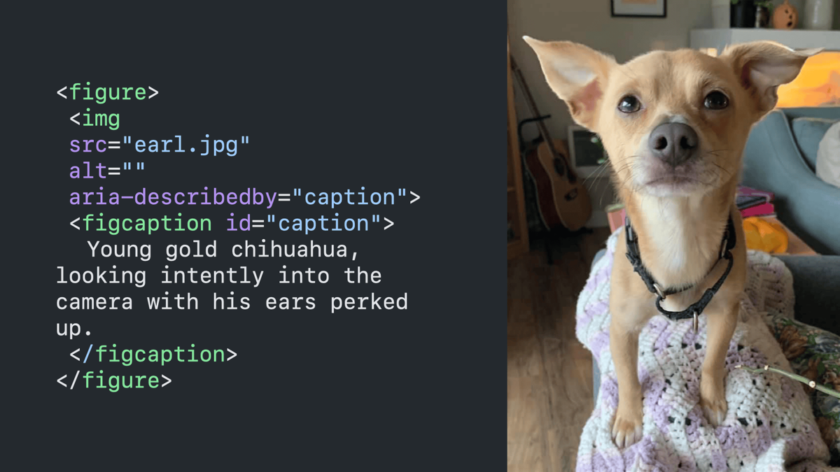 Same slide as previous with the alt text moved into the figcaption, the alt attribute emptied, and an aria-describedby attribute added that points to the figcaption.