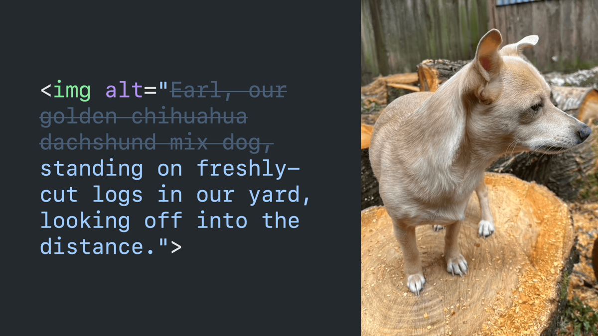 Same as previous with the text “Earl, our golden chihuahua mix dog” faded out with a strikethrough.