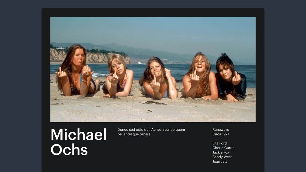 Mock photography website for Michael Ochs, featuring the same band photo with a description and metadata.