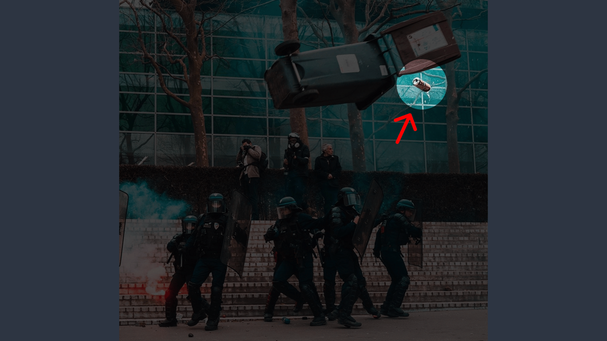The same image highlighting a tin can falling out of the trash can.