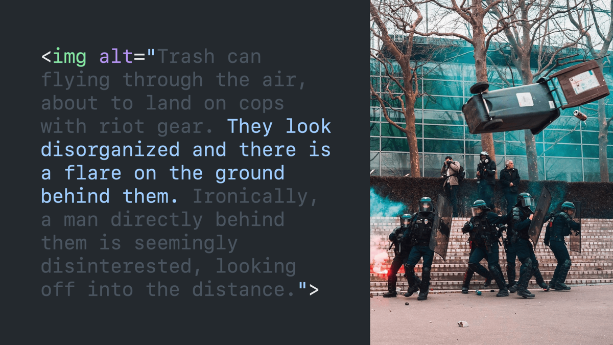 Same code block and image with partially-faded alt text leaving “they look disorganized and there is a flare on the ground behind them.”