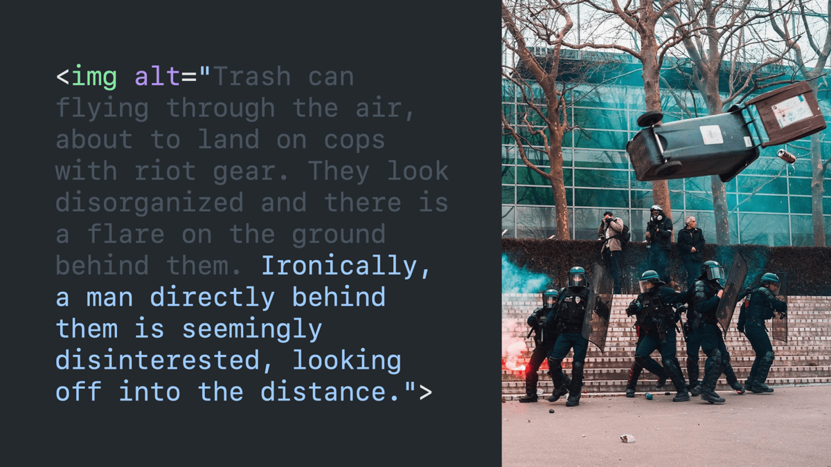 Same code block and image with partially-faded alt text leaving “ironically, a man directly behind them is seemingly disinterested, looking off into the distance.”