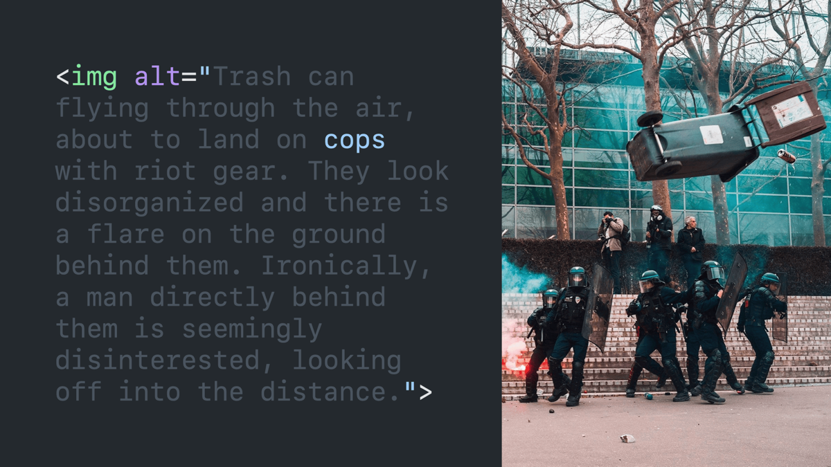 Same code block and image with only the word “cops” highlighted in the alt text.