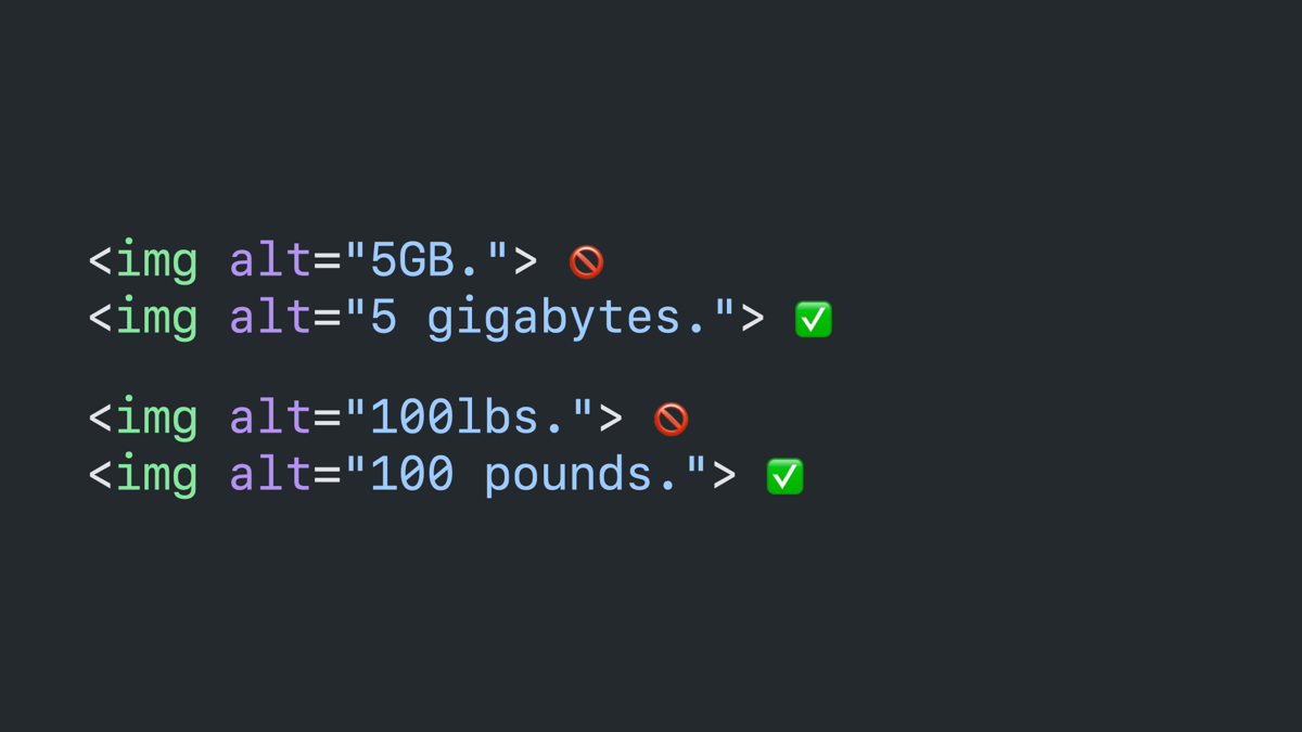 Code block: four image tags with alt attributes. The first reads “5GB,” followed by a cross circle emoji. The second reads “5 gigabytes,” followed by a checkmark emoji. The third reads “100lbs,” followed by a cross circle emoji. The fourth reads “100 pounds,” followed by a checkmark emoji.