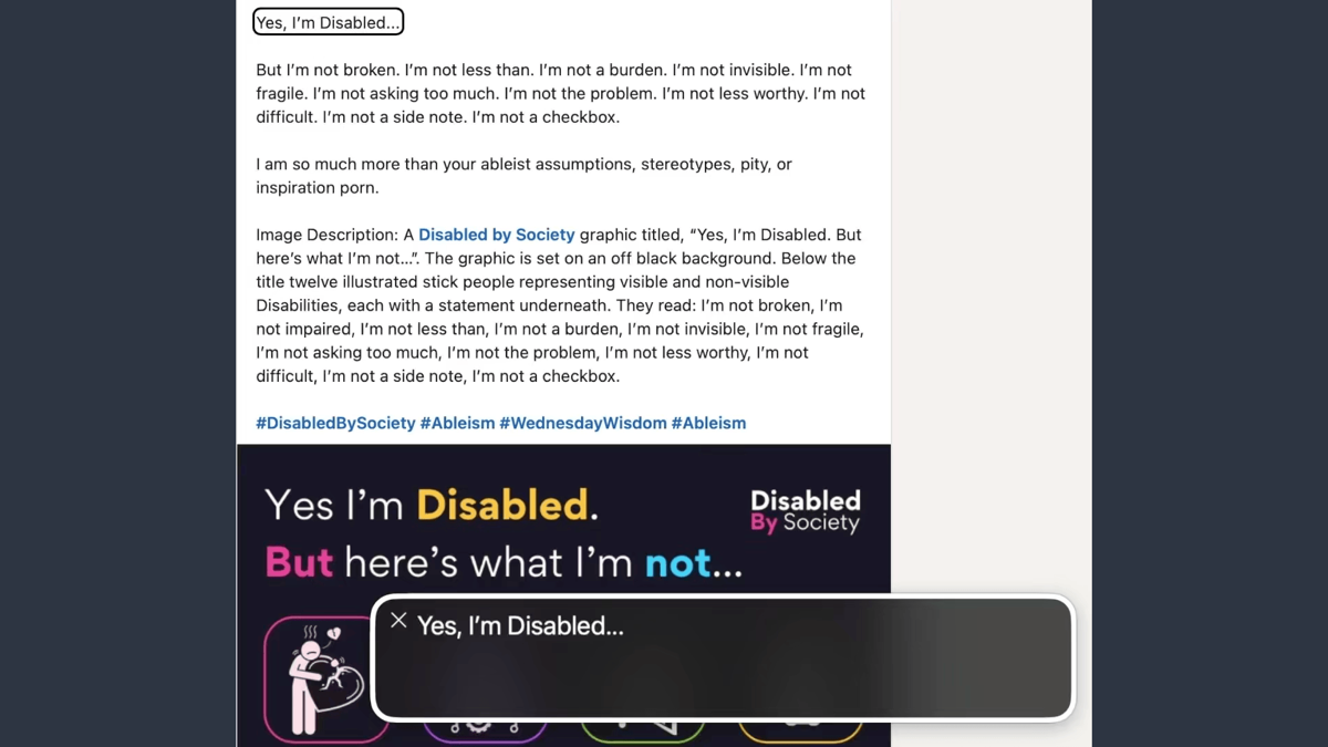 A LinkedIn post with the same content in the post, in a fake image description appending the post, and again as the actual alt text for the image.
