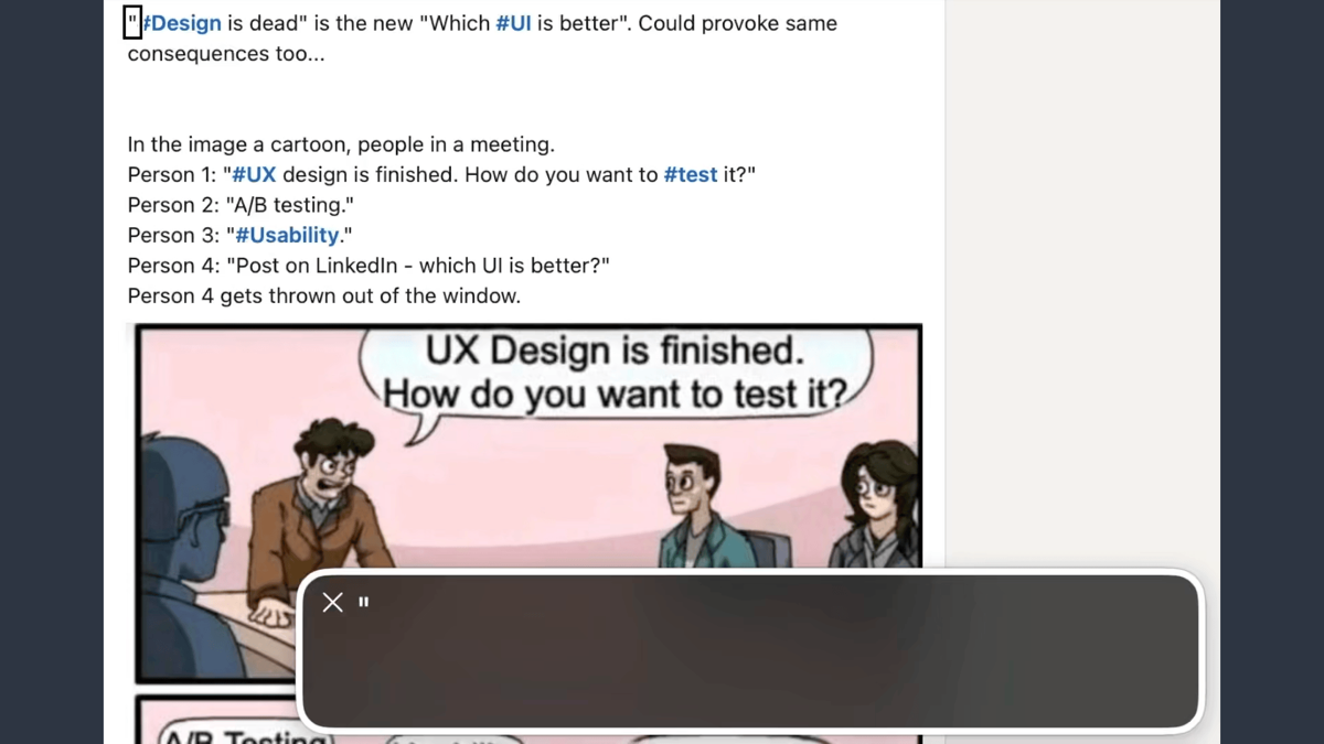 A LinkedIn post with text content and a fake image description, both littered with hashtags mid sentence.