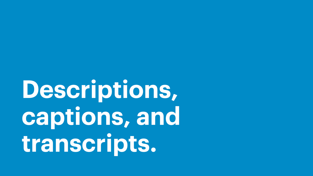 Descriptions, captions, and transcriptions.