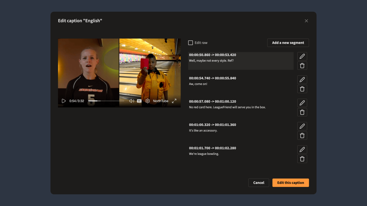 A thumbnail of the video adjacent to a form for editing each caption segment.